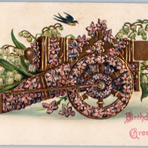 c1910s Cool Golden Flower Cannon Birthday Greetings Embossed Germany Birds A190