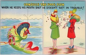 Vintage Comic Postcard Consider the Poor Fish Women Talking Humor Linen H81