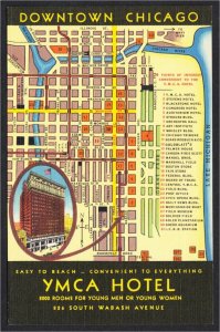 Chicago IL YMCA Hotel and Downtown Map 1950s Linen Postcard