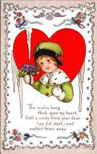 Valentine's Day Postcard Little Girl Icicles Hanging From Heart Purple Bouquet