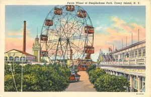 1940s Coney Island New York Ferris wheel Amusement Steeple Postcard 25-12084