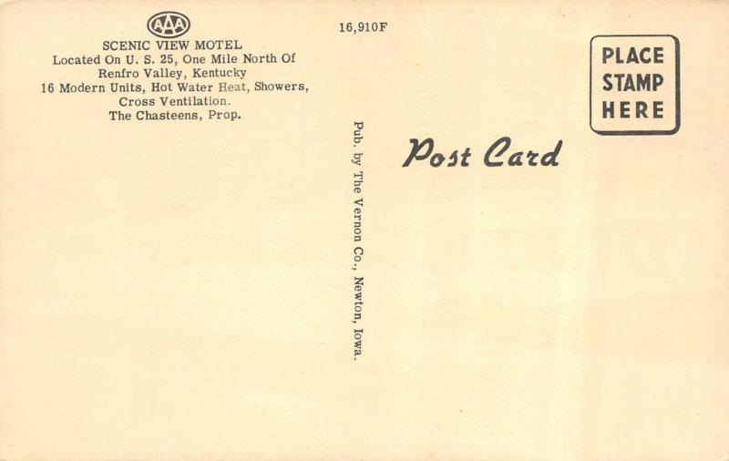 RENFRO VALLEY, KY Kentucky  SCENIC VIEW MOTEL  Roadside  c1940's Linen Postcard