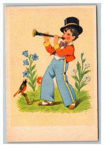 Vintage 1910's Postcard Boy in Top Hat Playing Clarinet to a Bird Nice Flowers