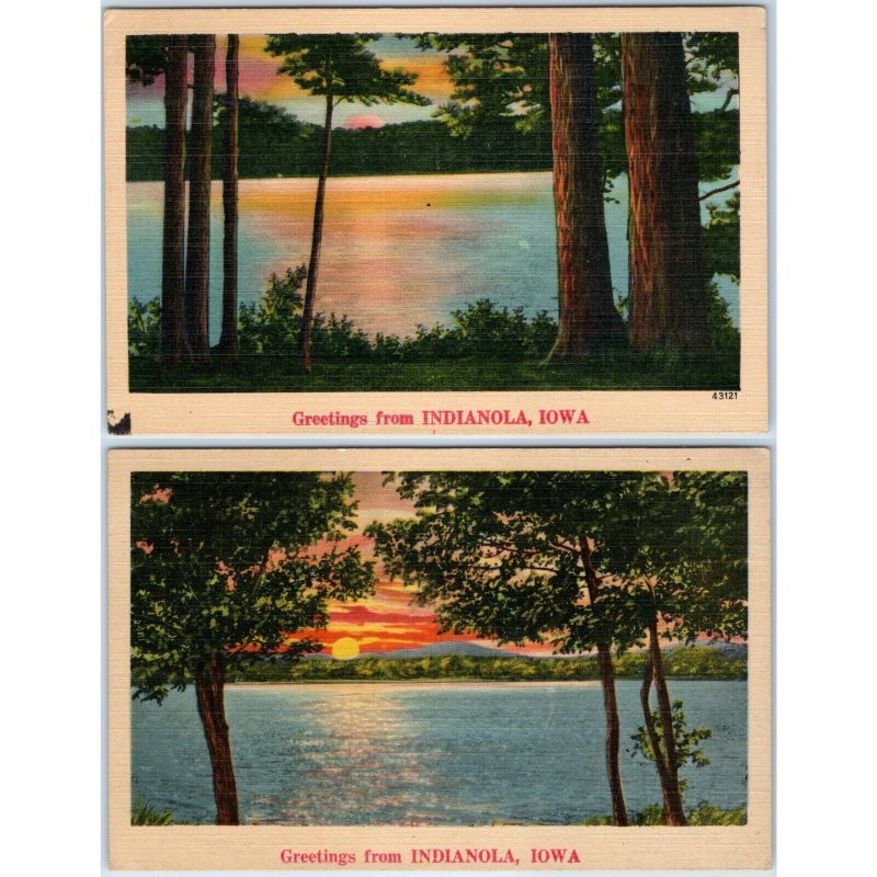 x2 LOT c1940s Indianola, IA Greetings from NYCE Landscape Linen Postcards A257