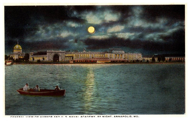 Maryland Annapolis Naval Academy  Night View of Harbor and Academy