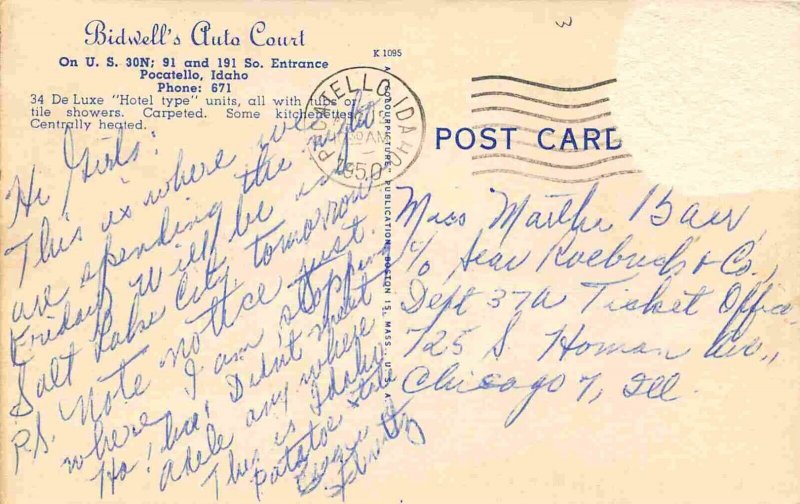 Bidwell Auto Court Motel US 30 Pocatello Idaho 1950 linen postcard