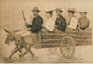 LIKELY SAN ANTONIO TX~MEN & WOMEN POSE IN DONKEY WAGON~1900s REAL PHOTO POSTCARD