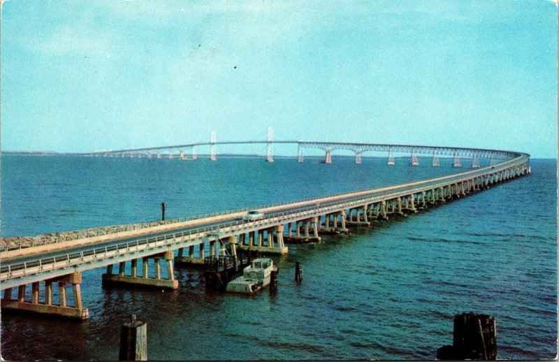 Chesapeake Bay Bridge Old Car Boat VTG Postcard UNP Unused Chrome 