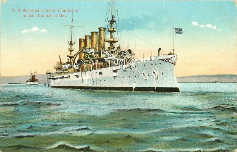 C1910 Navy Military US Armored Cruiser Charleston San Francisco Postcard 21-5957