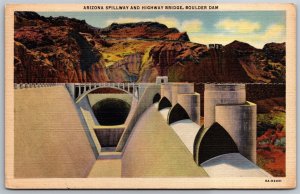 Vtg Arizona AZ Spillway & Highway Bridge Boulder Dam 1930s Linen View Postcard