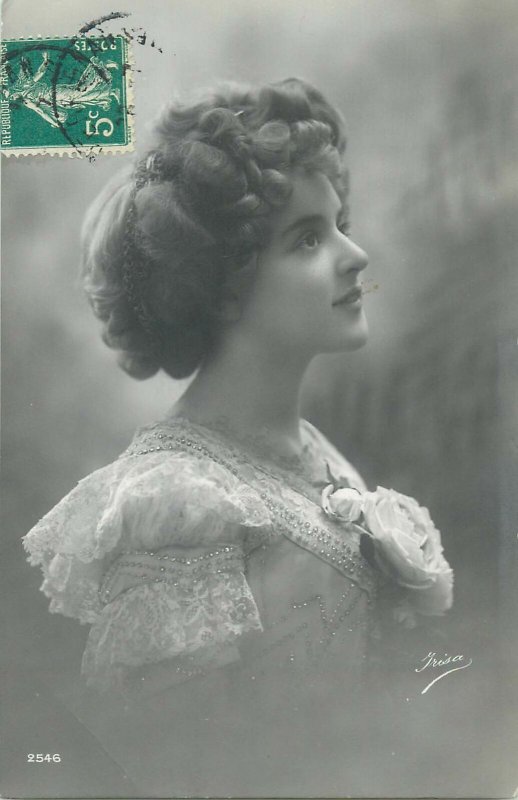 Postcard fancy hairstyle charming mysterious elegant woman vintage dress