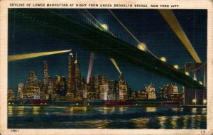 USA Skyline Manhattan Brooklyn Bridge Night New York City Linen Postcard 08.64