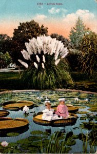 California Young Girls Sitting On Lotus Leaf In Lotus Pond 1910