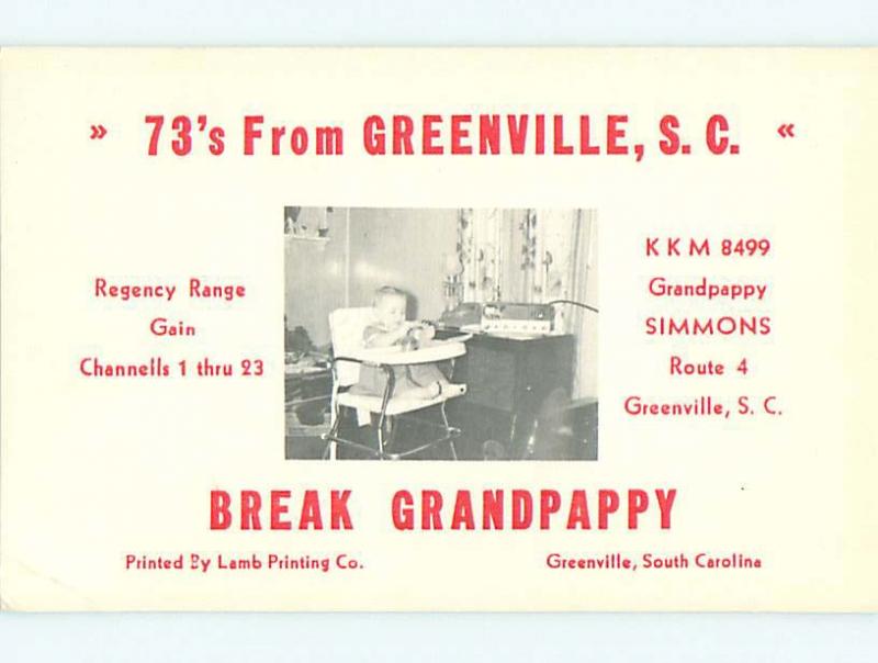 vintage QSL HAM RADIO CARD Greenville South Carolina SC t0885