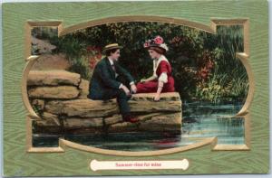 postcard Couple sitting on rocks along river - Summer-time for mine
