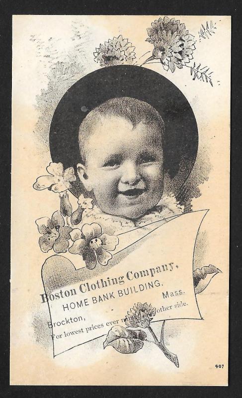 VICTORIAN TRADE CARD Boston Clothing Co Baby Portrait & Flowers