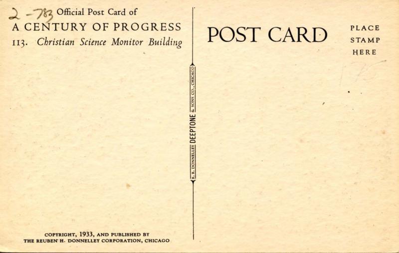 IL - Chicago. 1933 World's Fair-Century of Progress. Christian Science Monito...