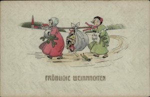 German Christmas Girls Carrying Toys in Snow & Cold 1899 Cancel CARD/PC