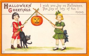 Halloween Greetings Boy & Girl W/ Jack-O-Lantern & Black Cat, Embossed,PC U10785