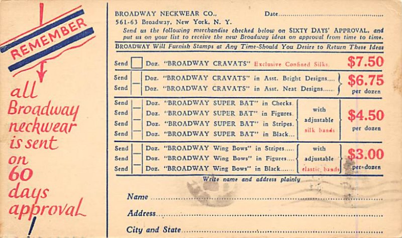 Broadway Neckwear Co New York, USA Advertising Unused 