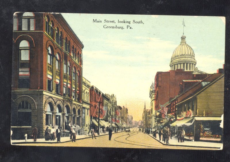 GREENSBURG PENNSYLVANIA DOWNTOWN STREET SCENE VINTAGE POSTCARD PA. 1909