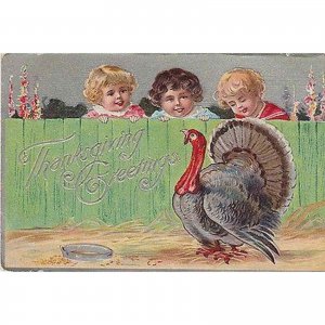 Thanksgiving Greetings Small Children With Turkey Postcard