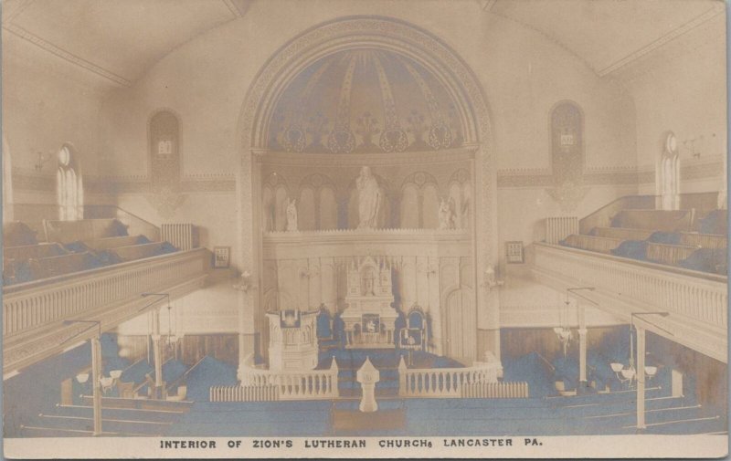 RPPC Postcard Interior Zion's Lutheran Church Lancaster PA