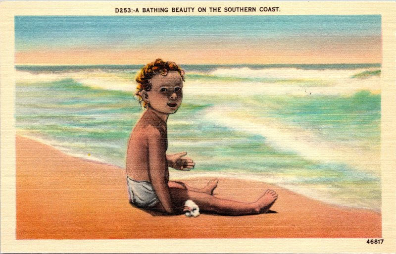 A Bathing Beauty (Young Girl) on Southern Coast Beach Postcard unused 1930s/40s