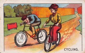 CYCLING~YOUNG BOY PASSES OLD WOMAN ON BICYCLE~1918 POSTCARD