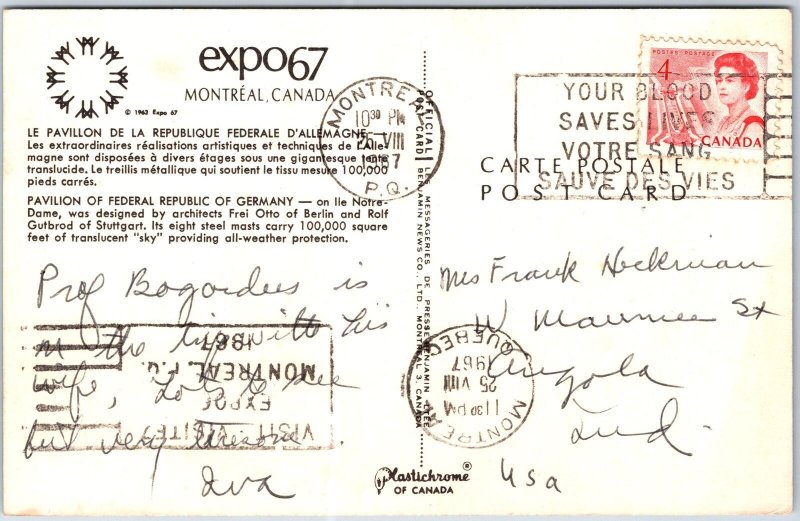 VINTAGE POSTCARD THE FEDERAL REPUBLIC OF WEST GERMANY PAVILLION MONTREAL EXPO 67