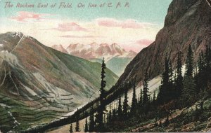 VINTAGE POSTCARD THE ROCKY MOUNTAINS EAST OF FIELD TRAIN LINE OF THE CP RAILWAYS