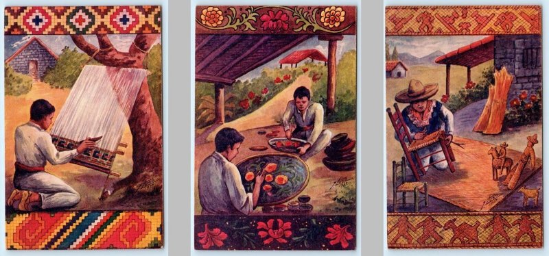 3 Postcards MEXICO Motif ~ Artist Signed Hugo ~ ARTS & INDUSTRIES 1937 