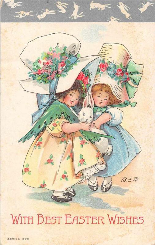 Easter Greetings Girls Bunny Rabbit BEB Burtha Blodget Blodgett Postcard J65993