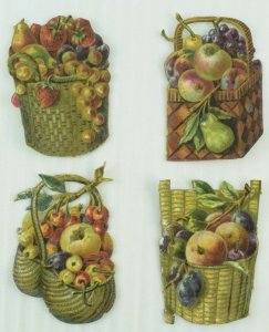 1890's Lovely Die Cast Basket of Fruits Victorian Cards Lot of 4 PD92