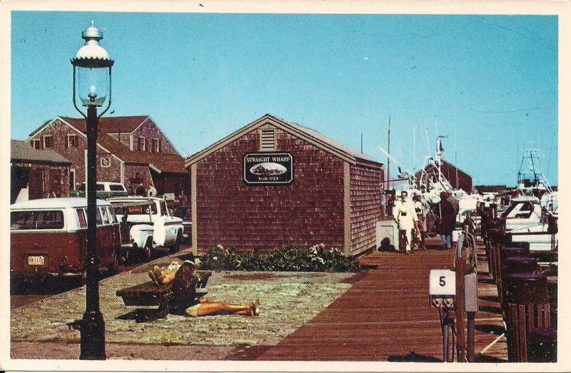 Nantucket MA, Straight Wharf, Beautiful Woman on Dock, VW Minibus, Cars, Truck,