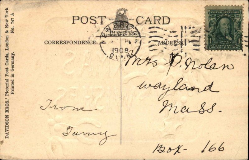 Christmas Holly Mistletoe Silver Embossed c1910 Vintage Postcard