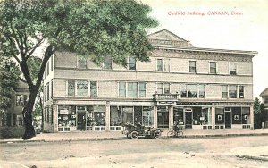 Canaan CT Canfield Building Old Car Bicycle Storefronts Postcard