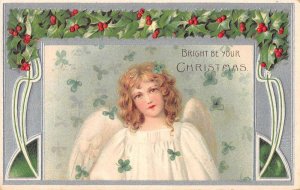 Christmas Greetings Angel Holy Leaf Border Brundage Vintage Postcard AA41340