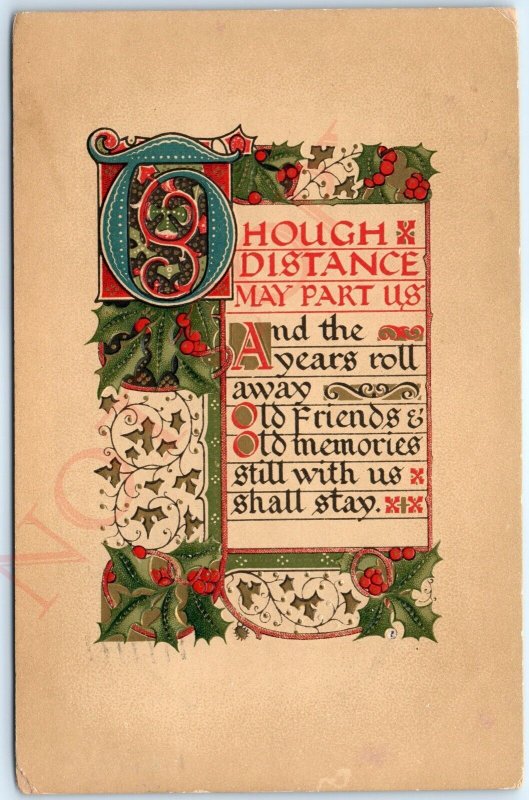 c1910s Embossed Longing Poem Holly Berry Xmas Art Nouveau Blodgett Postcard A145