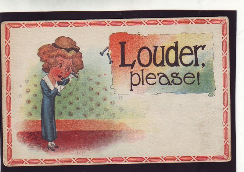 P1604 old unused postcard woman on old telephone louder please