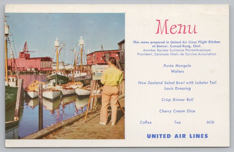 Aircraft~United Air Lines~Menu~Man Looking At Boat At Harbor~Vintage Postcard 