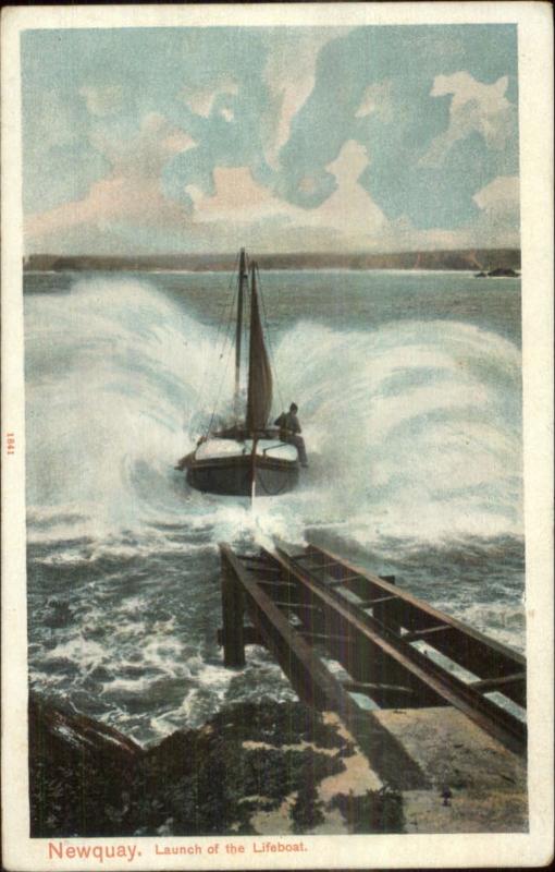 Newquay Launch of Lifeboat Life Saving c1910 Postcard