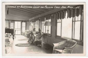 Northland Lodge Veranda Interior Pelican Lake Orr Minnesota RPPC postcard