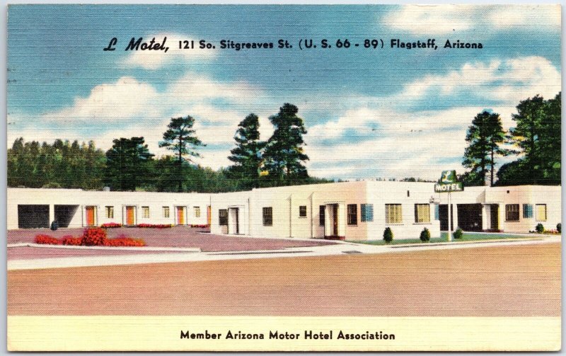 VINTAGE POSTCARD THE L MOTEL LOCATED AT FLAGSTAFF ARIZONA MAILED 1952 (A)