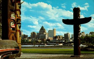 Canada Vancouver Totem Poles and Skyline View From Across Burrard Inlet