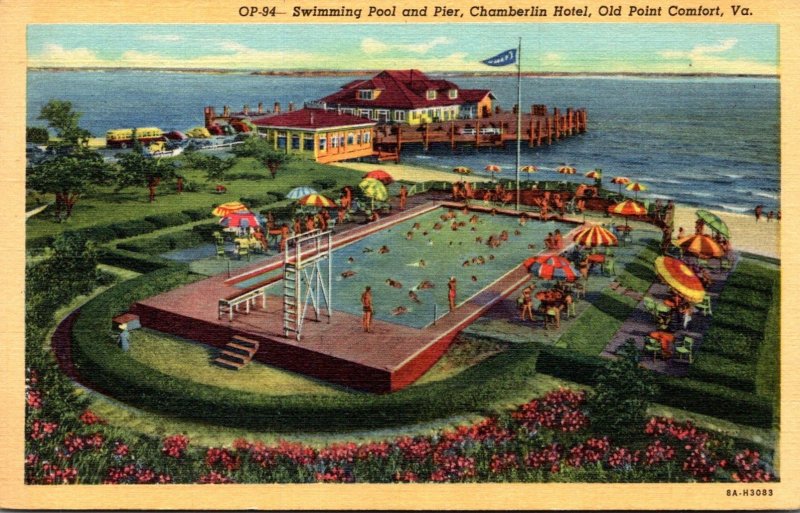 Virginia Old Point Comfort Chamberlin Hotel Swimming Pool and Pier 1949 Curteich