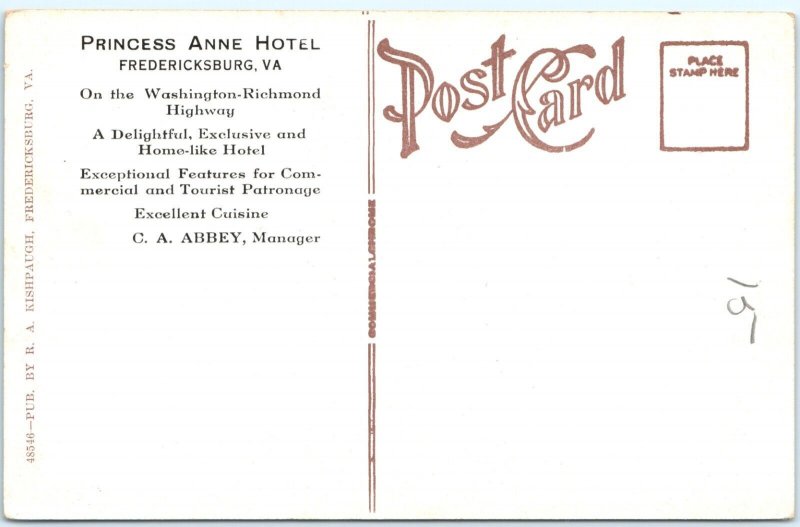 c1910s Fredericksburg VA Princess ANne Hotel Car Advertising Postcard Abbey A119