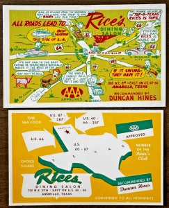Two Postcards Caricature Map Rice's Dining Salon Route 66 Amarillo, Texas