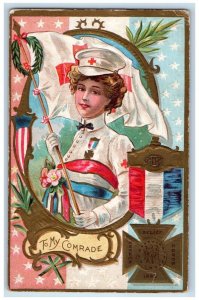 c1910's Gar Civil War To My Comrade Nurse Flag Embossed Antique Postcard