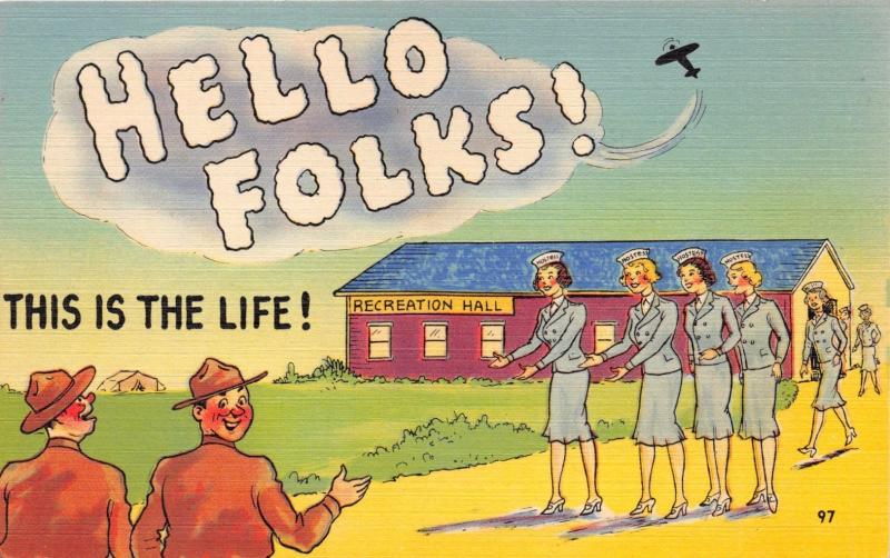 SKY WRITER~HELLO FOLKS~WAC HOSTESS GREETING~REC HALL~MILITARY COMIC POSTCARD